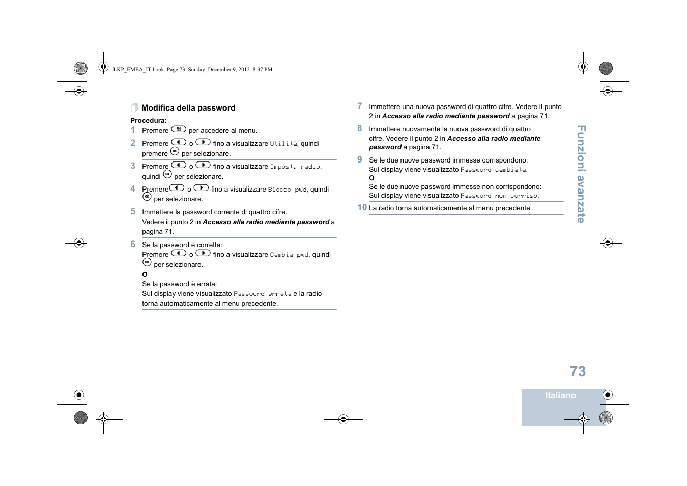 Modifica della password, Funzioni a vanza te | Motorola DP 2600 User Manual | Page 381 / 900