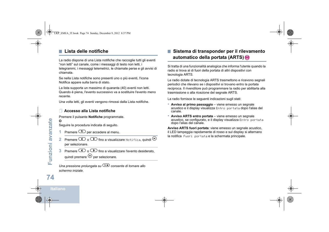 Lista delle notifiche, Accesso alla lista notifiche, Della portata (arts) | Automatico della portata, Funzioni avanzate | Motorola DP 2600 User Manual | Page 382 / 900