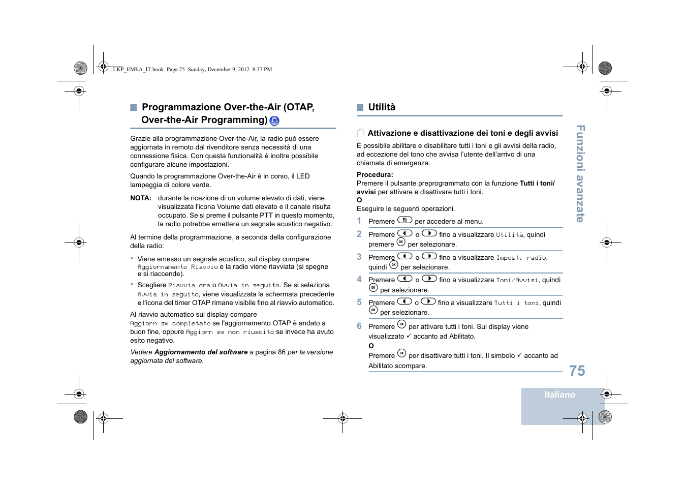 Utilità, Programmazione over-the-air (otap, over-the-air, Programming) | Programmazione over-the-air, Funzioni a vanza te | Motorola DP 2600 User Manual | Page 383 / 900