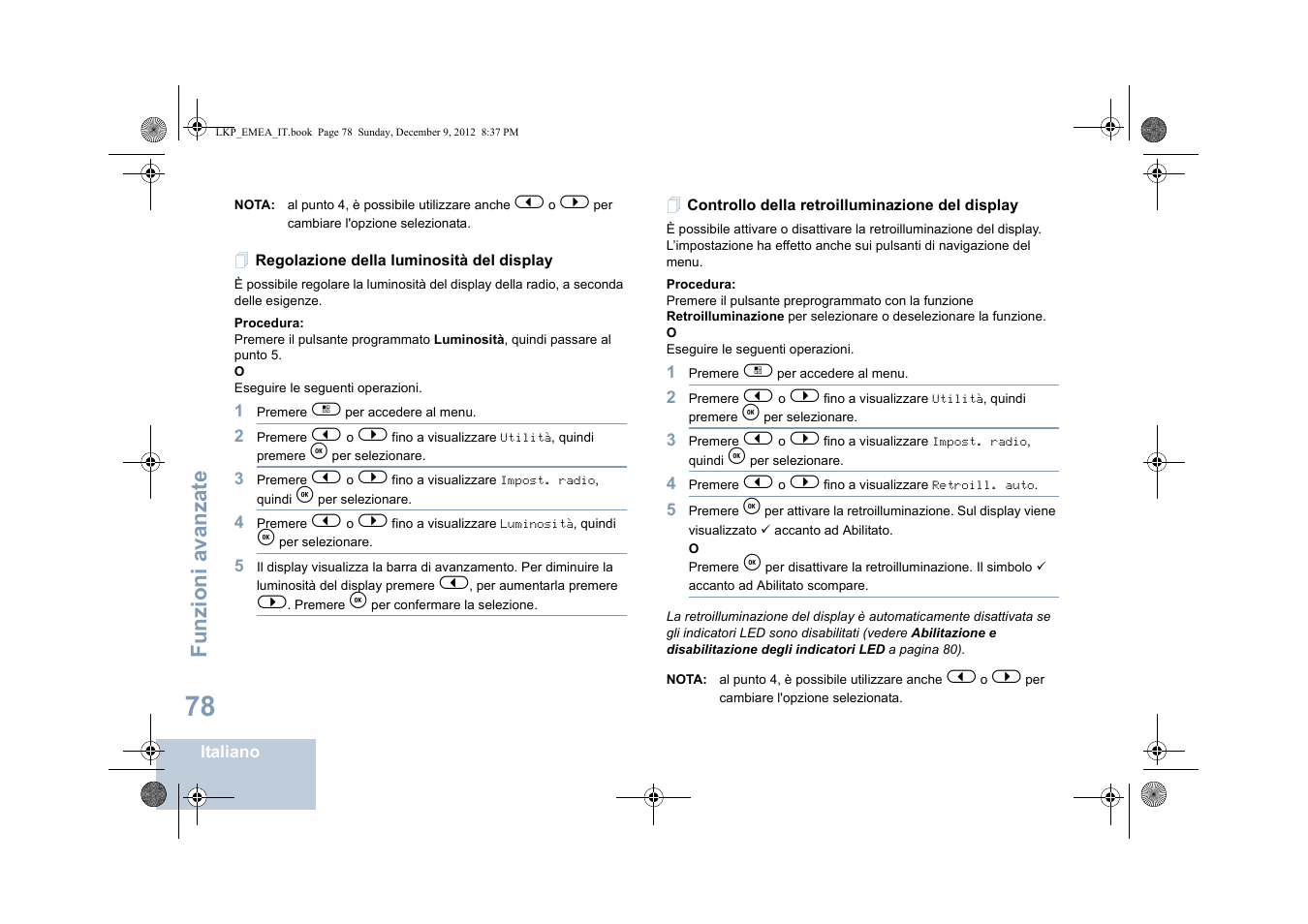 Regolazione della luminosità del display, Controllo della retroilluminazione del display, Funzioni avanzate | Motorola DP 2600 User Manual | Page 386 / 900