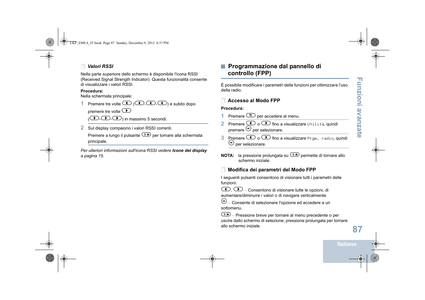 Valori rssi, Programmazione dal pannello di controllo (fpp), Accesso al modo fpp | Modifica dei parametri del modo fpp, Programmazione dal pannello di, Controllo (fpp), Funzioni a vanza te | Motorola DP 2600 User Manual | Page 395 / 900