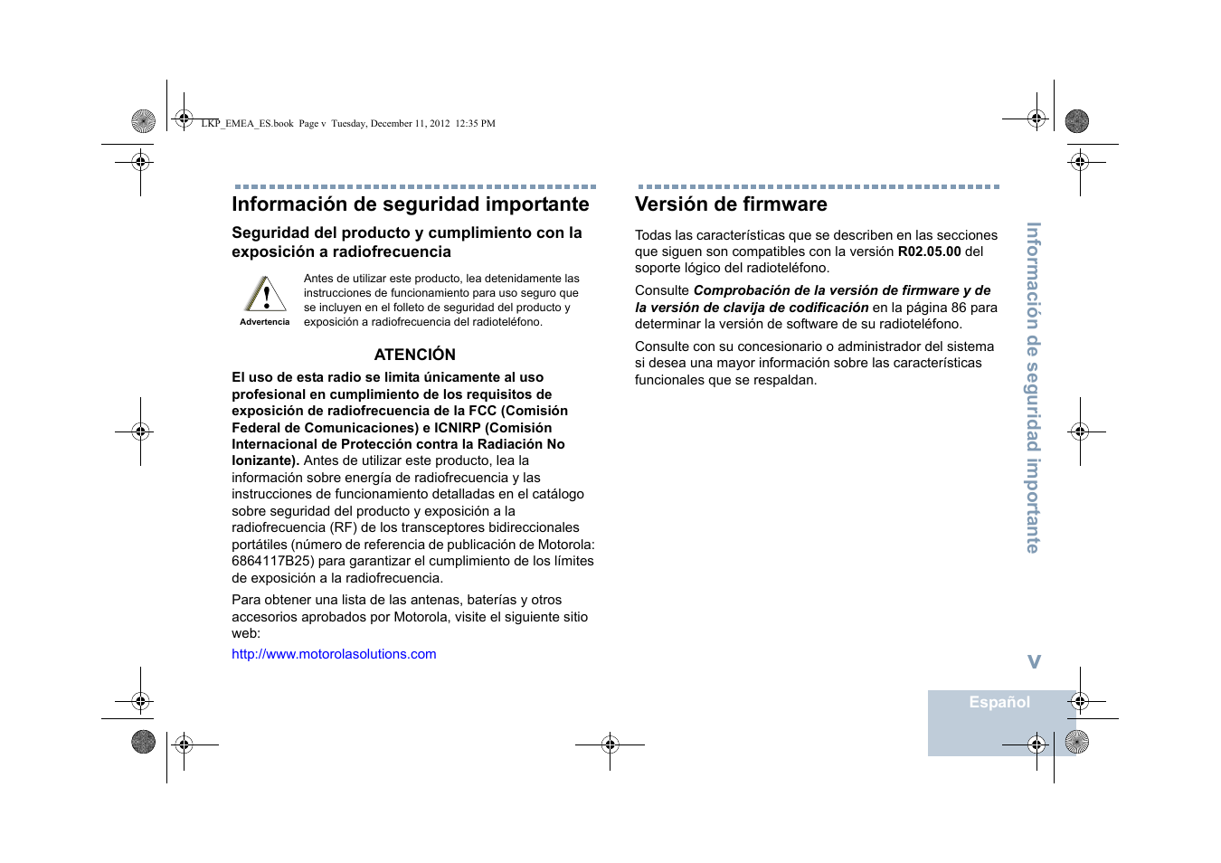 Información de seguridad importante, Versión de firmware | Motorola DP 2600 User Manual | Page 405 / 900