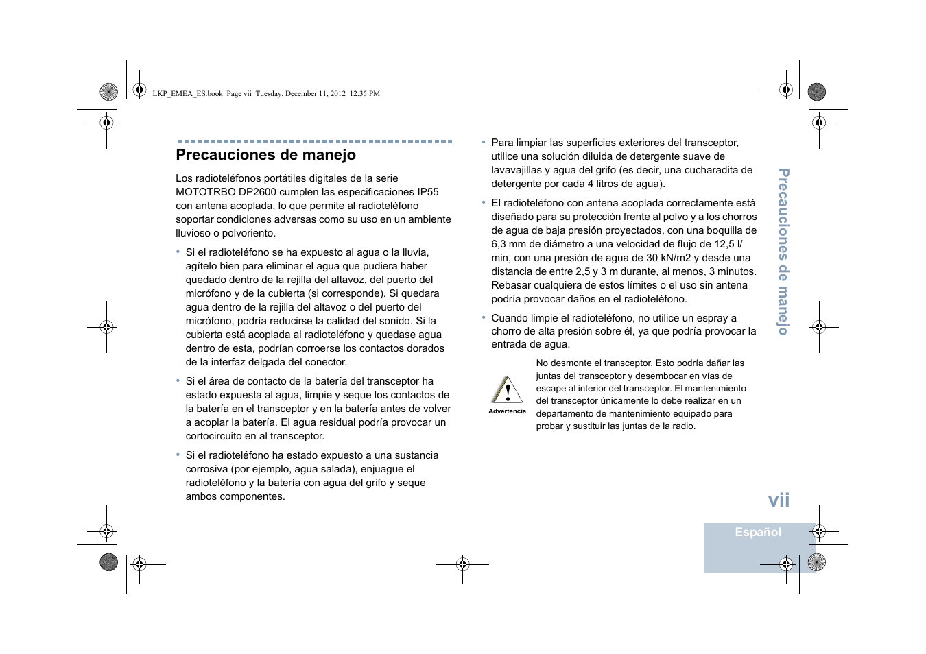 Precauciones de manejo | Motorola DP 2600 User Manual | Page 407 / 900