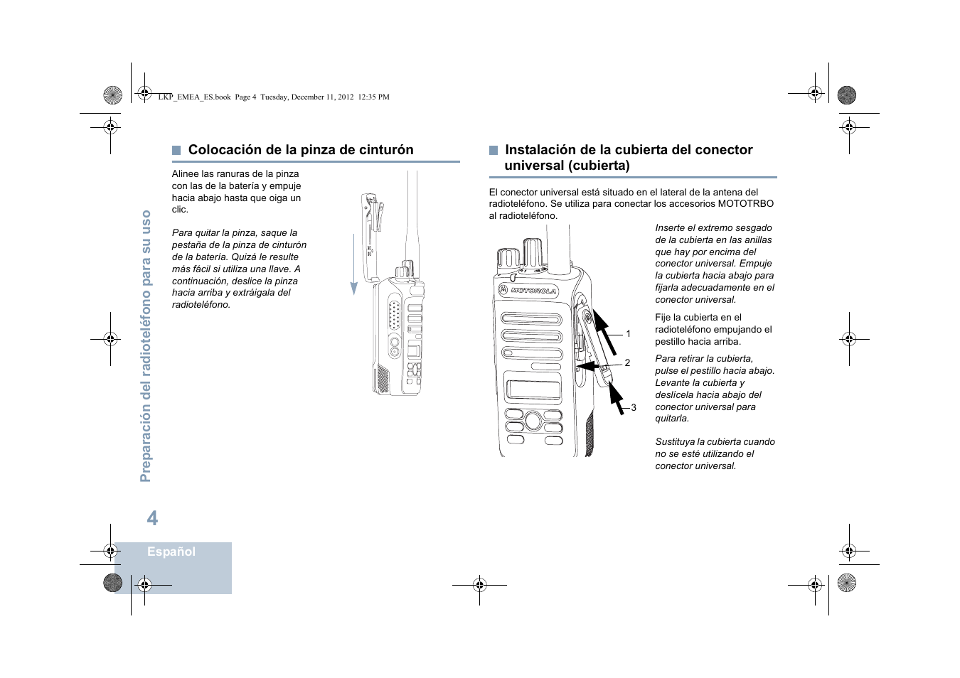 Colocación de la pinza de cinturón, Cubierta) | Motorola DP 2600 User Manual | Page 412 / 900