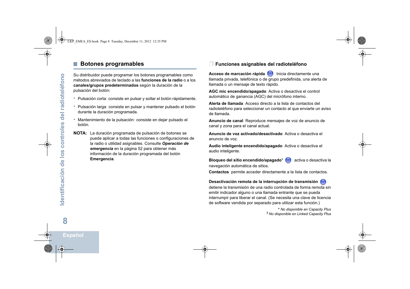 Botones programables, Funciones asignables del radioteléfono | Motorola DP 2600 User Manual | Page 416 / 900