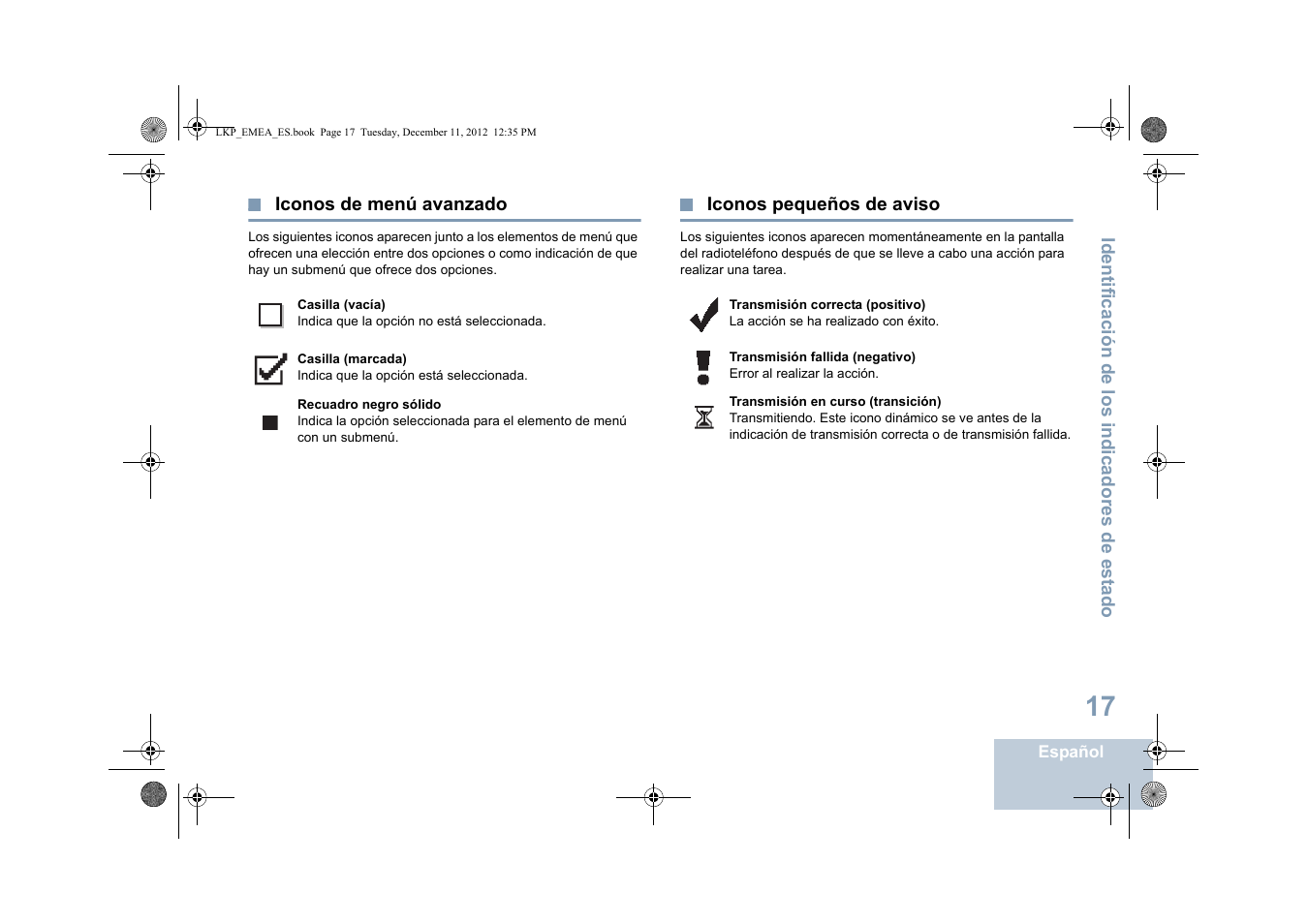 Iconos de menú avanzado, Iconos pequeños de aviso, Iconos de menú avanzado iconos pequeños de aviso | Motorola DP 2600 User Manual | Page 425 / 900