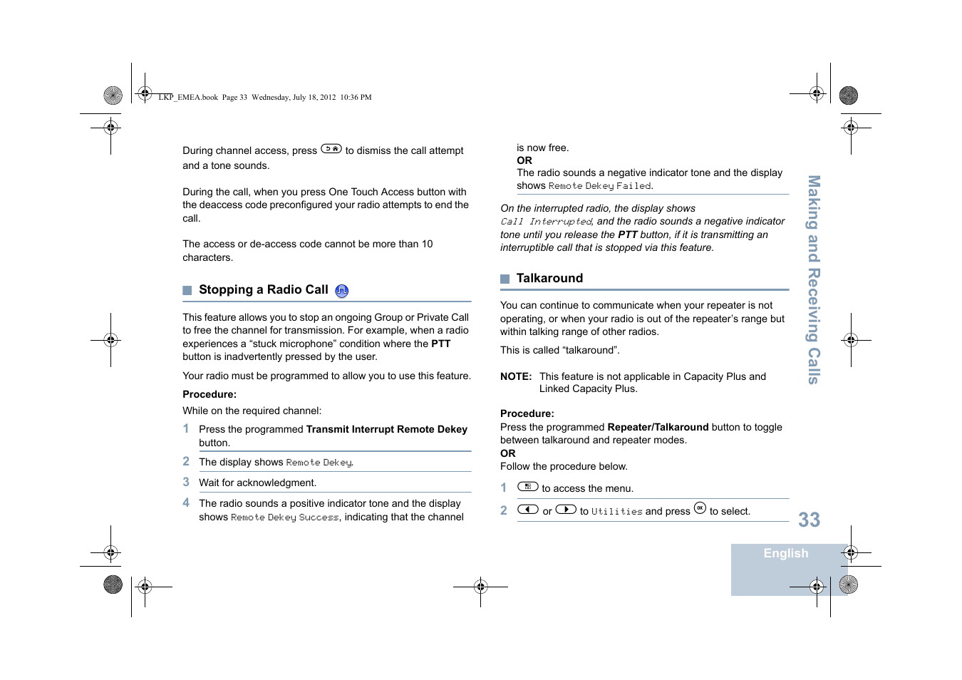 Stopping a radio call, Talkaround, Stopping a radio call talkaround | Making and r eceiving calls | Motorola DP 2600 User Manual | Page 43 / 900