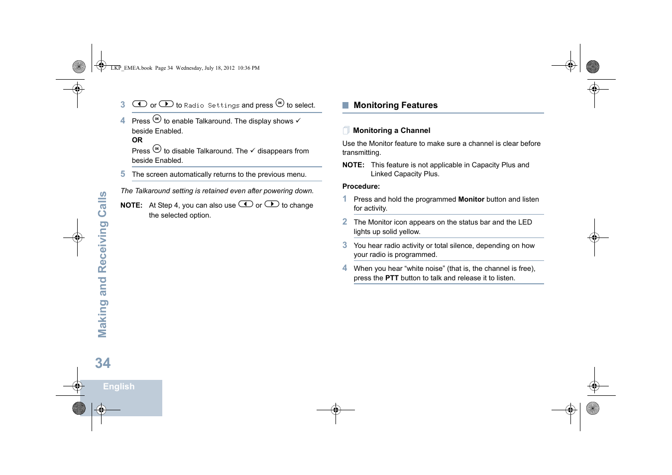 Monitoring features, Monitoring a channel, Making and receiving calls | Motorola DP 2600 User Manual | Page 44 / 900