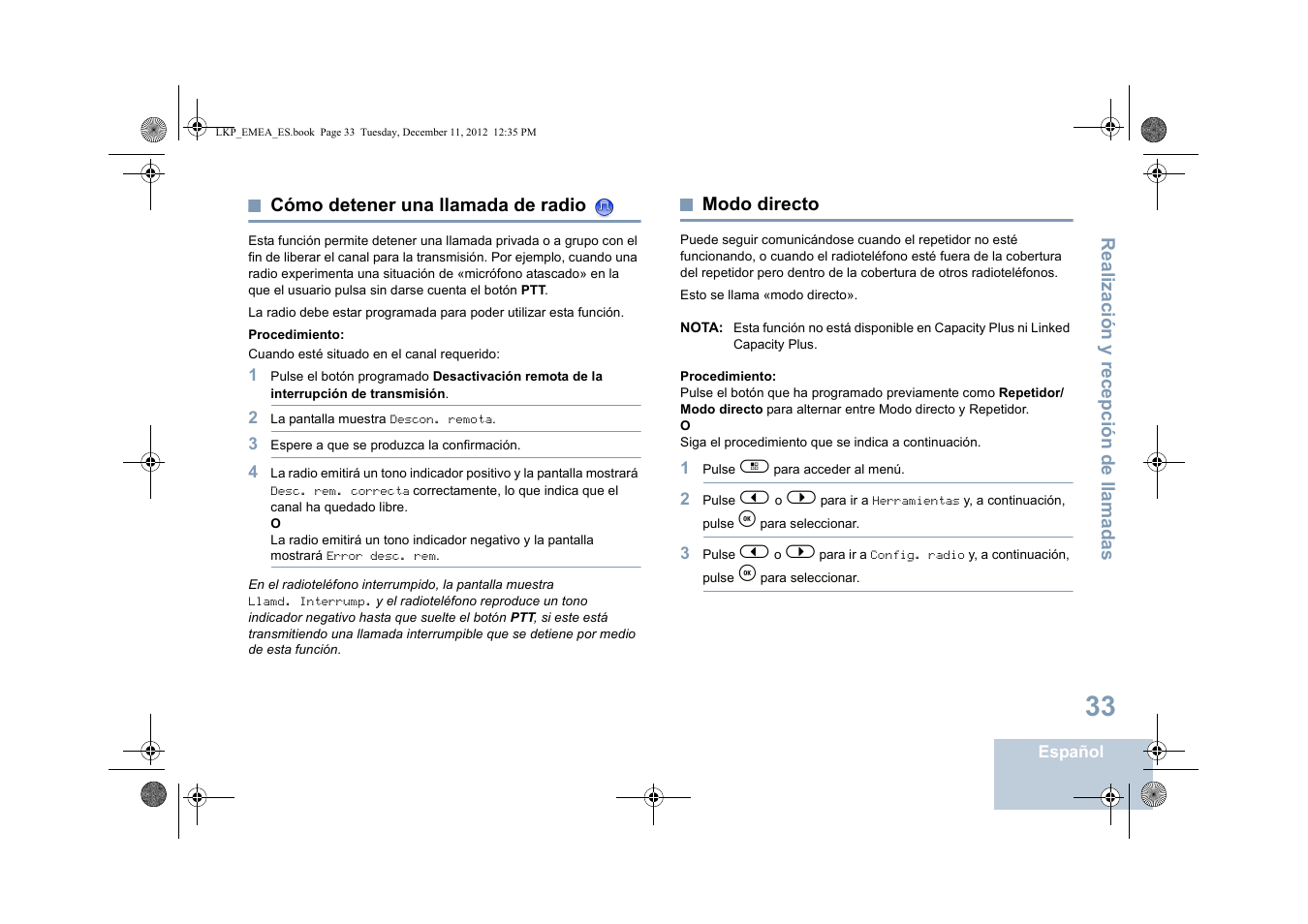 Cómo detener una llamada de radio, Modo directo, Cómo detener una llamada de radio modo directo | Motorola DP 2600 User Manual | Page 441 / 900