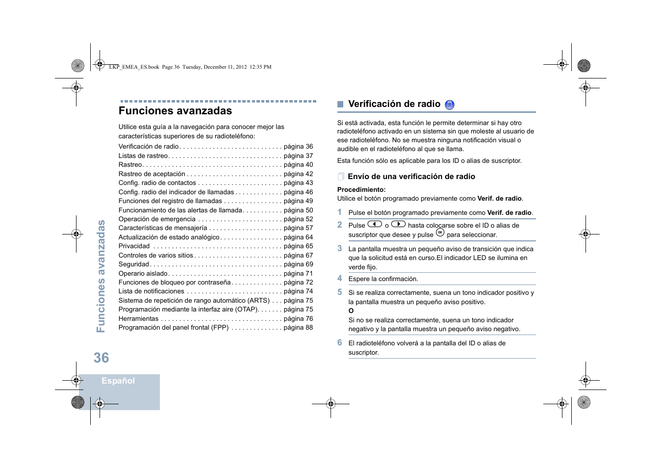 Funciones avanzadas, Verificación de radio, Envío de una verificación de radio | Motorola DP 2600 User Manual | Page 444 / 900