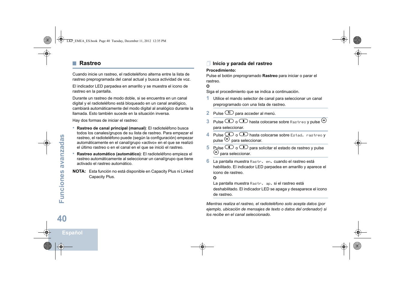 Rastreo, Inicio y parada del rastreo, Funciones avanzadas | Motorola DP 2600 User Manual | Page 448 / 900