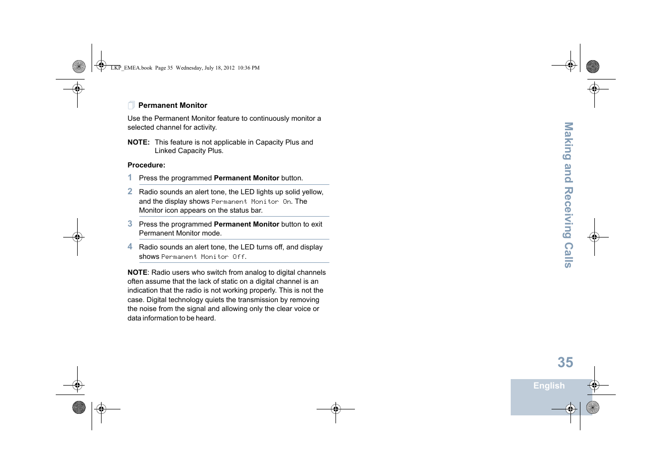 Permanent monitor, Making and r eceiving calls | Motorola DP 2600 User Manual | Page 45 / 900