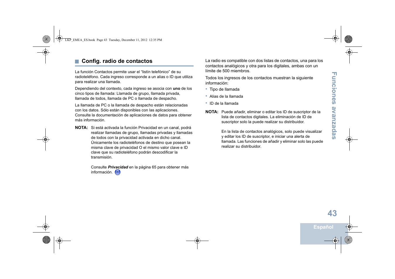 Config. radio de contactos, Funciones avanzadas | Motorola DP 2600 User Manual | Page 451 / 900