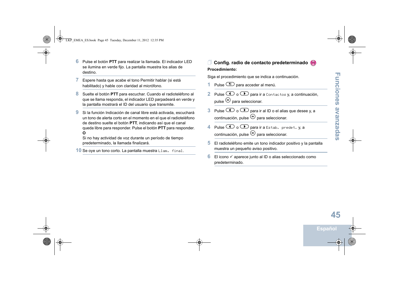 Config. radio de contacto predeterminado, Funciones avanzadas | Motorola DP 2600 User Manual | Page 453 / 900