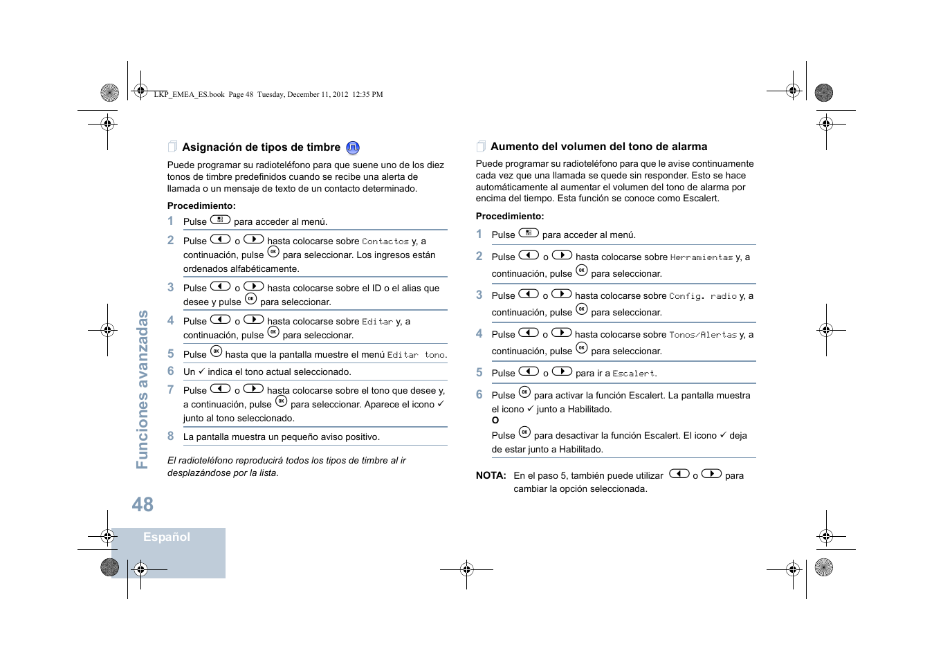 Asignación de tipos de timbre, Aumento del volumen del tono de alarma, Funciones avanzadas | Motorola DP 2600 User Manual | Page 456 / 900