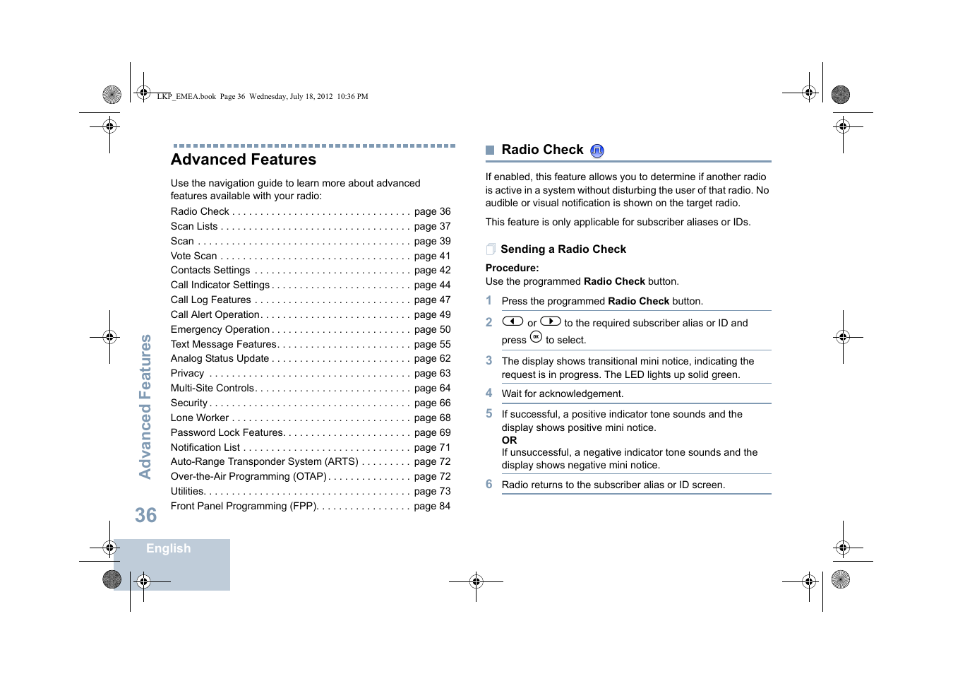 Advanced features, Radio check, Sending a radio check | Motorola DP 2600 User Manual | Page 46 / 900