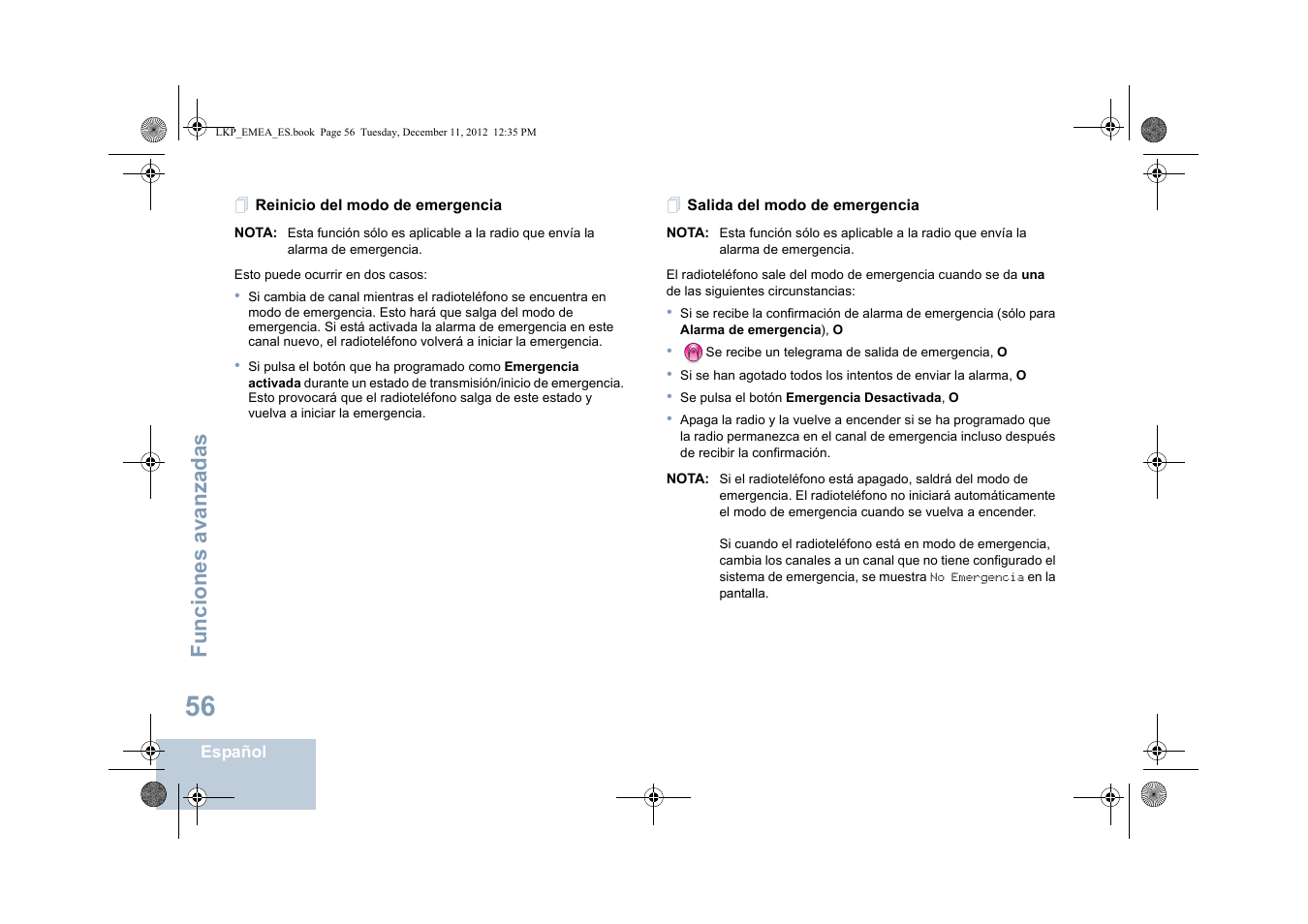 Reinicio del modo de emergencia, Salida del modo de emergencia, Funciones avanzadas | Motorola DP 2600 User Manual | Page 464 / 900