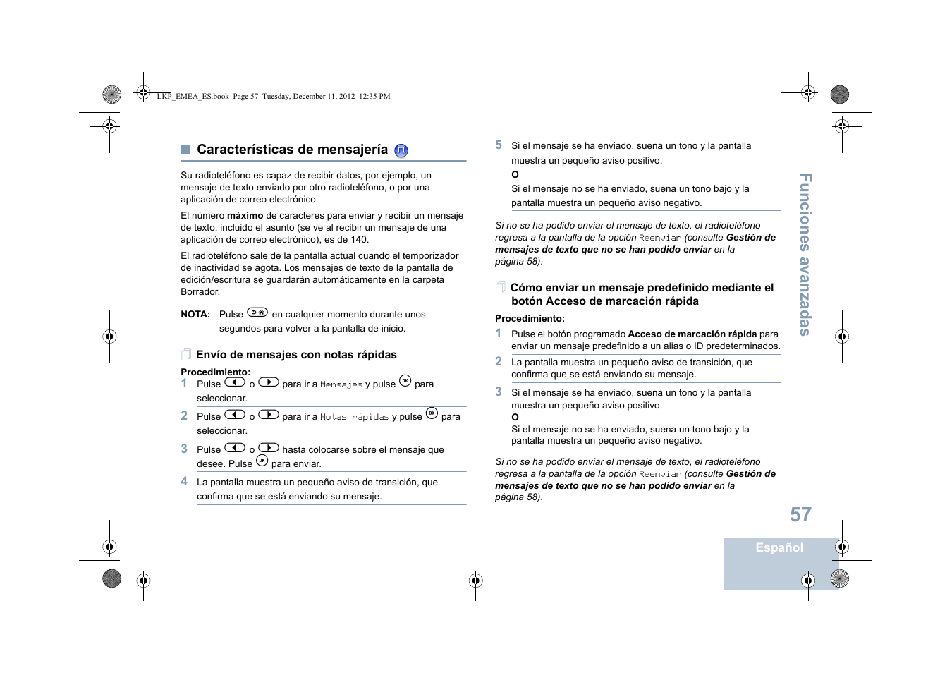 Características de mensajería, Envío de mensajes con notas rápidas, Funciones avanzadas | Motorola DP 2600 User Manual | Page 465 / 900