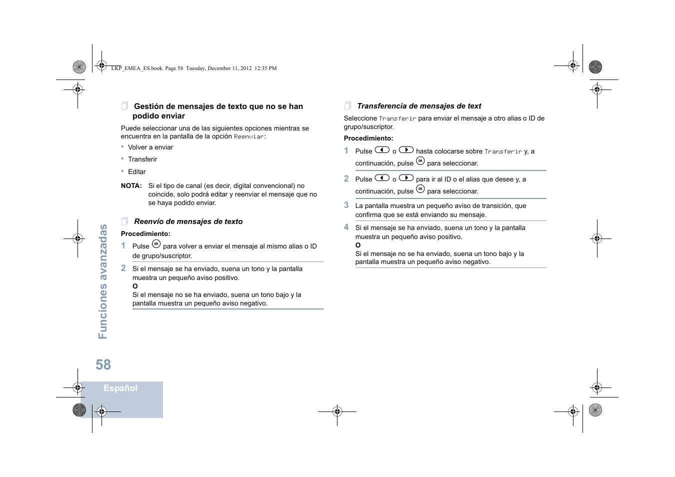 Reenvío de mensajes de texto, Transferencia de mensajes de text, Funciones avanzadas | Motorola DP 2600 User Manual | Page 466 / 900