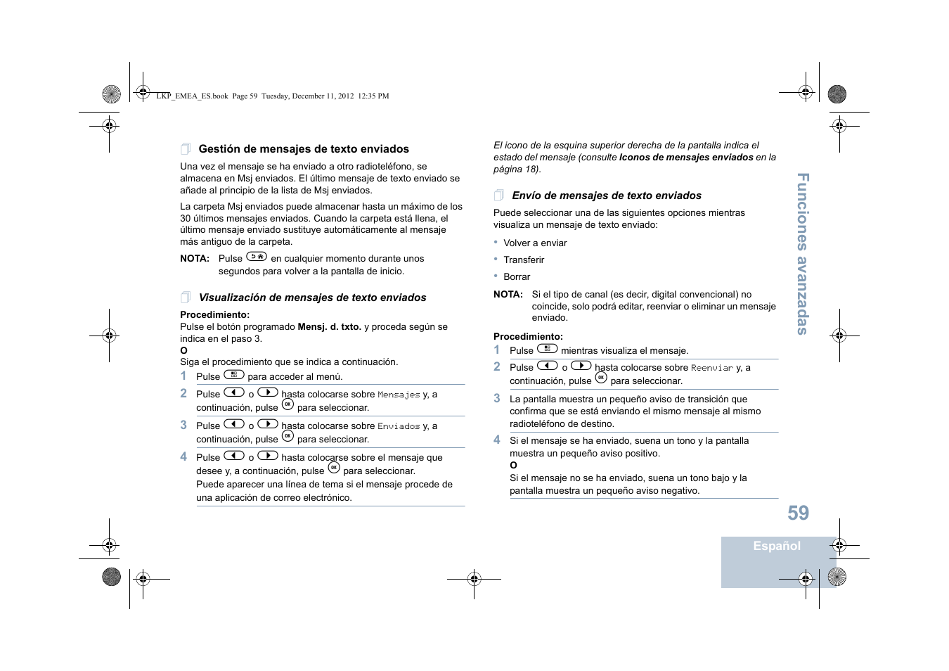 Gestión de mensajes de texto enviados, Visualización de mensajes de texto enviados, Envío de mensajes de texto enviados | Funciones avanzadas | Motorola DP 2600 User Manual | Page 467 / 900