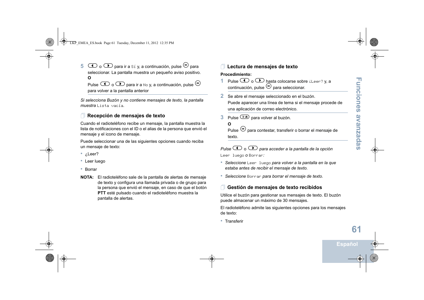 Recepción de mensajes de texto, Lectura de mensajes de texto, Gestión de mensajes de texto recibidos | Funciones avanzadas | Motorola DP 2600 User Manual | Page 469 / 900