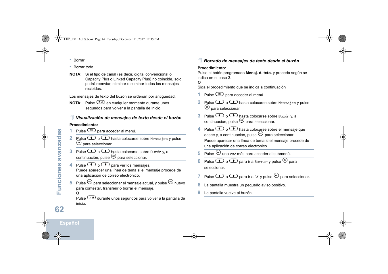 Visualización de mensajes de texto desde el buzón, Borrado de mensajes de texto desde el buzón, Funciones avanzadas | Motorola DP 2600 User Manual | Page 470 / 900