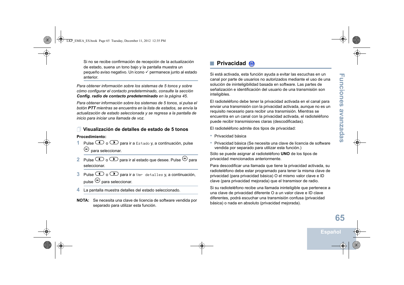 Visualización de detalles de estado de 5 tonos, Privacidad, Funciones avanzadas | Motorola DP 2600 User Manual | Page 473 / 900