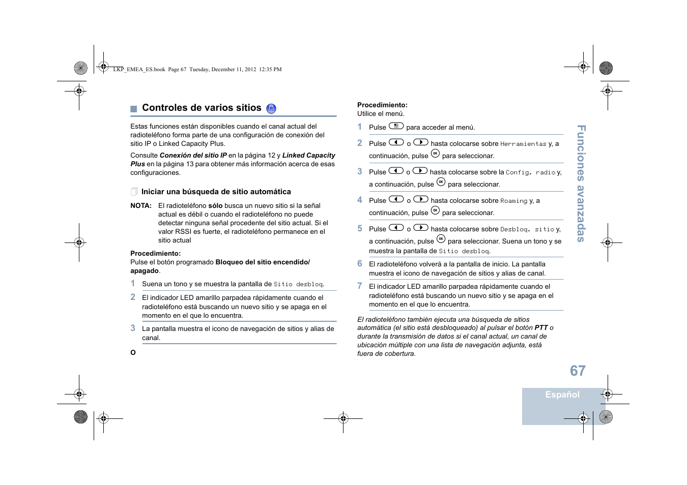 Controles de varios sitios, Iniciar una búsqueda de sitio automática, Funciones avanzadas | Motorola DP 2600 User Manual | Page 475 / 900