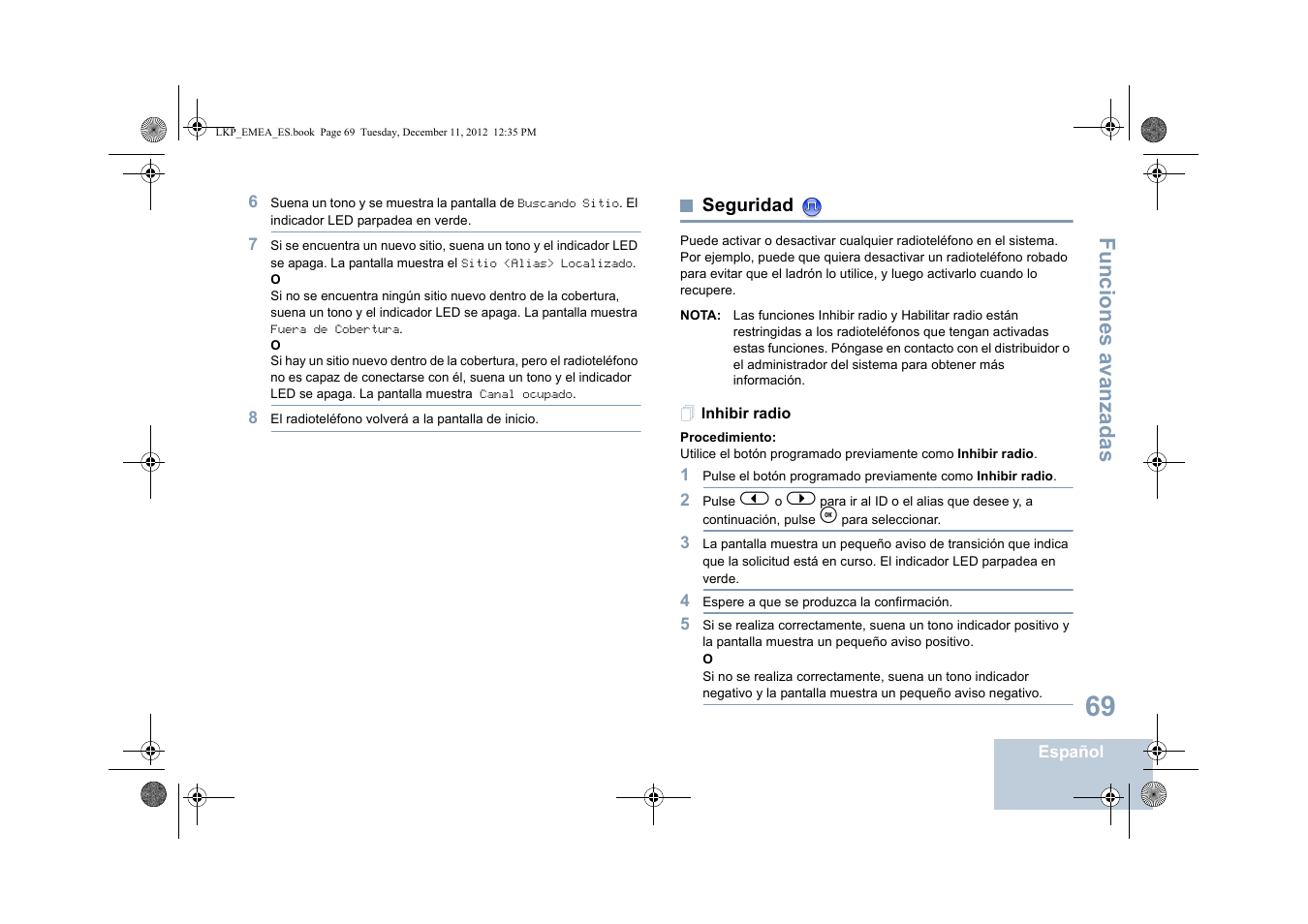 Seguridad, Inhibir radio, Funciones avanzadas | Motorola DP 2600 User Manual | Page 477 / 900