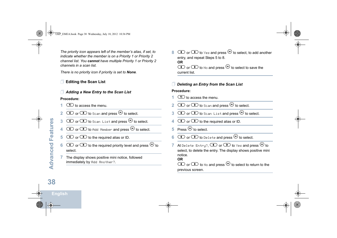 Editing the scan list, Adding a new entry to the scan list, Deleting an entry from the scan list | Motorola DP 2600 User Manual | Page 48 / 900