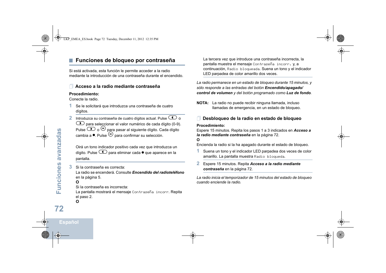 Funciones de bloqueo por contraseña, Acceso a la radio mediante contraseña, Desbloqueo de la radio en estado de bloqueo | Funciones avanzadas | Motorola DP 2600 User Manual | Page 480 / 900