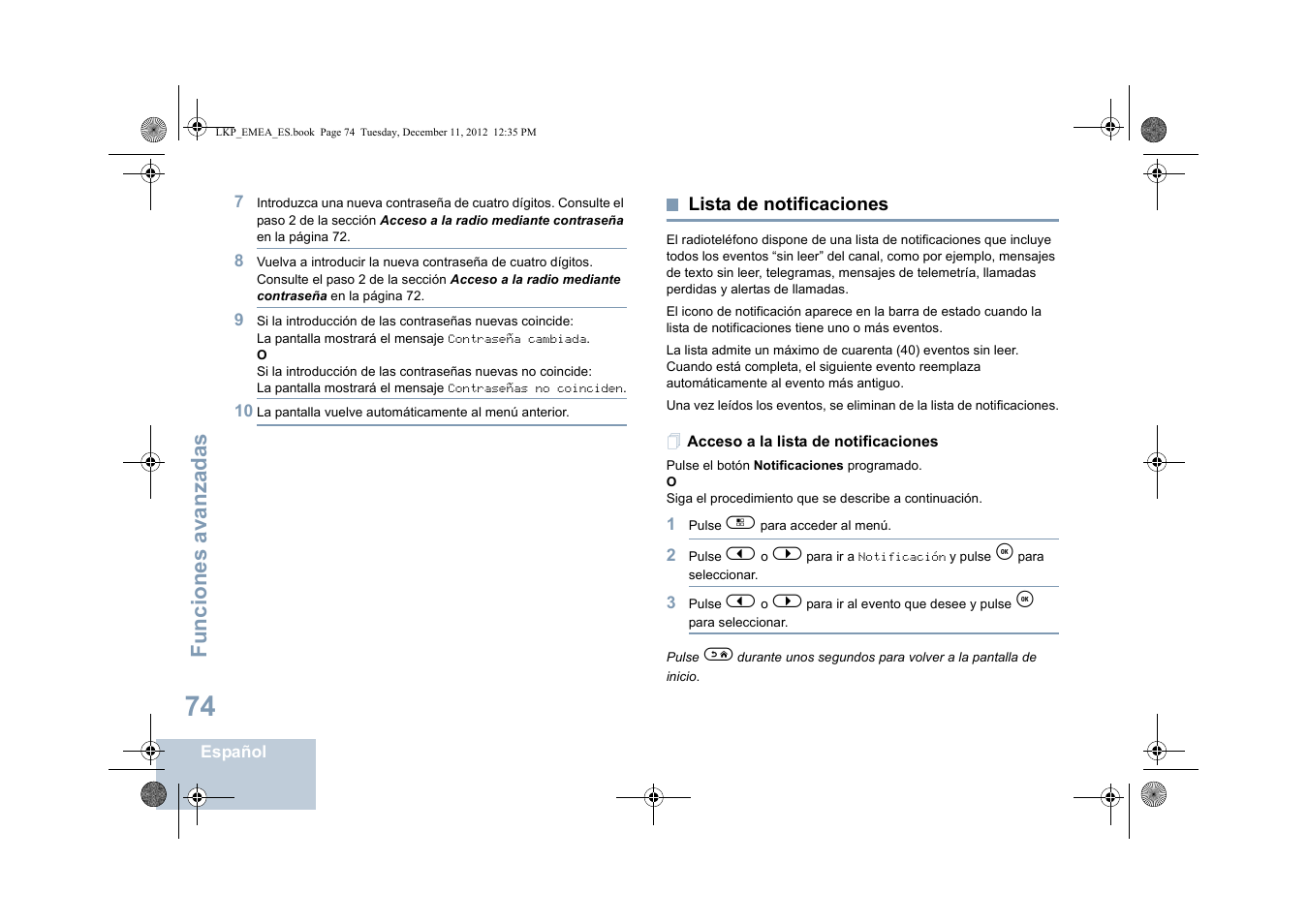 Lista de notificaciones, Acceso a la lista de notificaciones, N lista de notificaciones | Funciones avanzadas | Motorola DP 2600 User Manual | Page 482 / 900