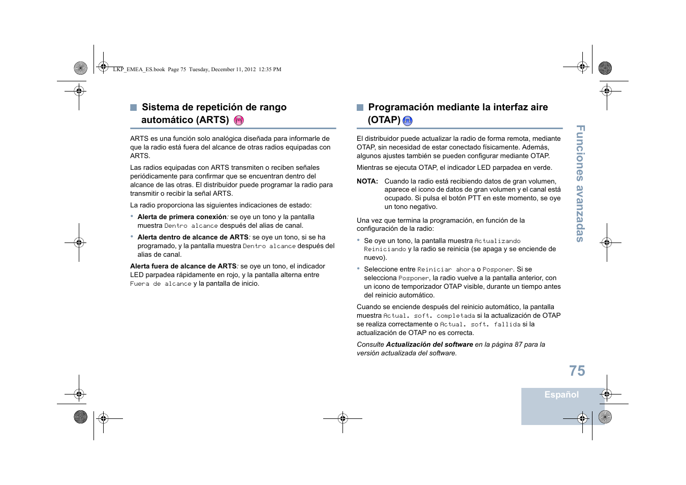 Sistema de repetición de rango automático (arts), Programación mediante la interfaz aire (otap), Sistema de repetición de rango | Automático (arts), Programación mediante la interfaz aire, Otap), Funciones avanzadas | Motorola DP 2600 User Manual | Page 483 / 900