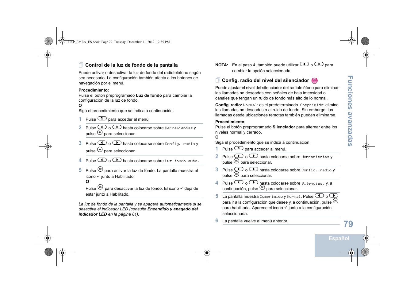 Control de la luz de fondo de la pantalla, Config. radio del nivel del silenciador, Funciones avanzadas | Motorola DP 2600 User Manual | Page 487 / 900