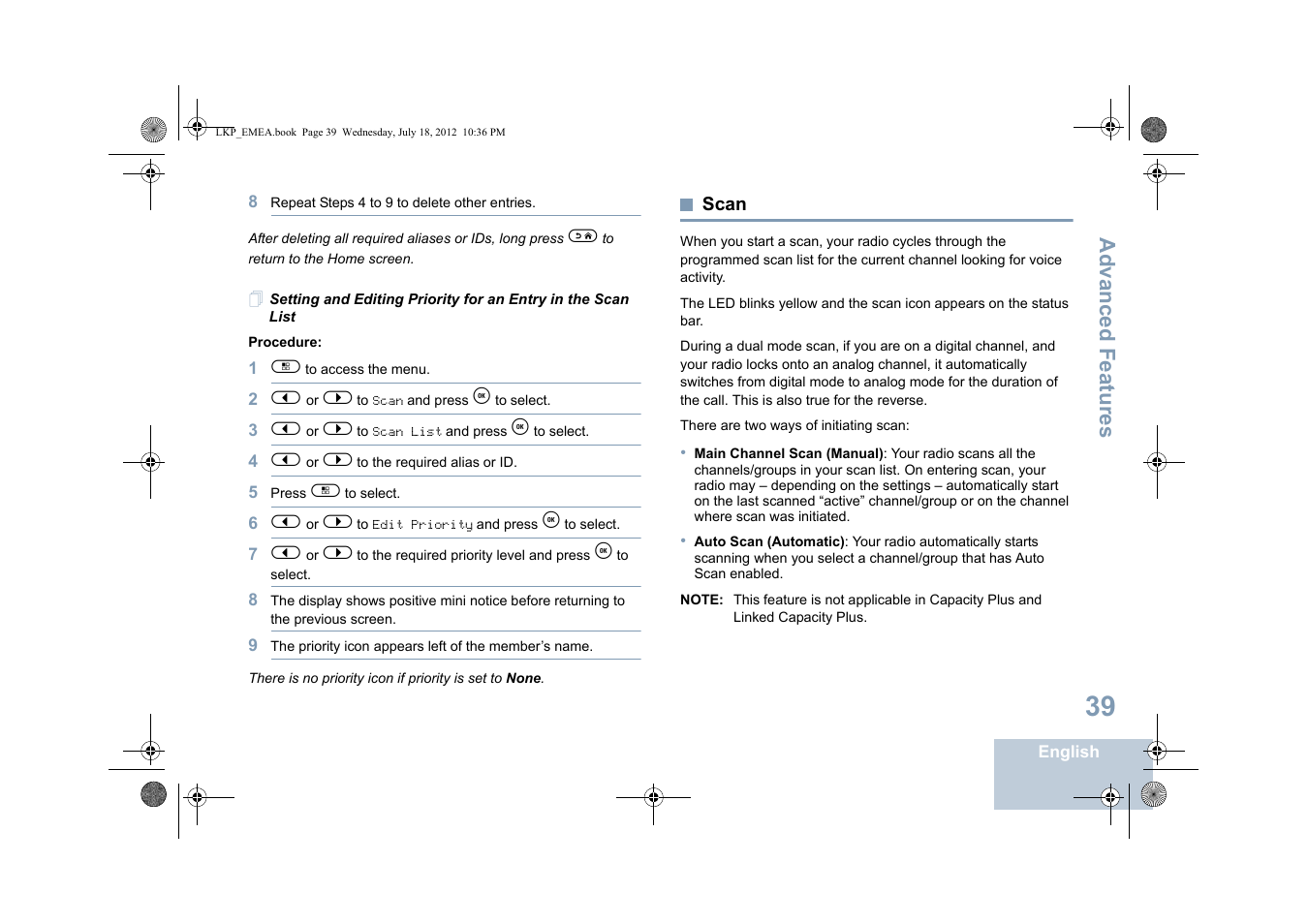 Scan, Advanced features | Motorola DP 2600 User Manual | Page 49 / 900