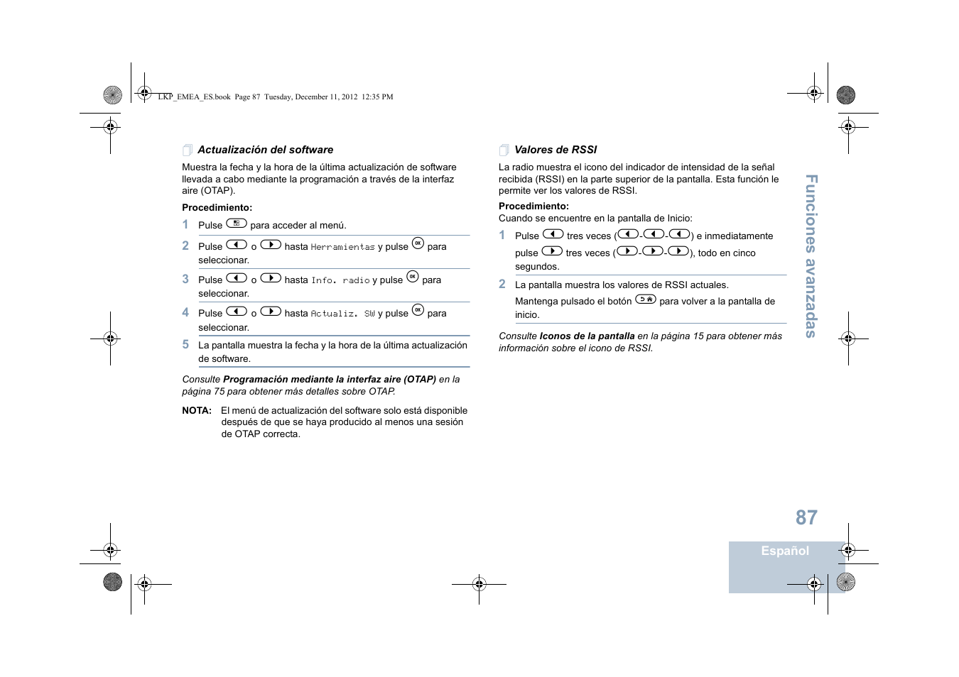 Actualización del software, Valores de rssi, Actualización del software valores de rssi | Funciones avanzadas | Motorola DP 2600 User Manual | Page 495 / 900