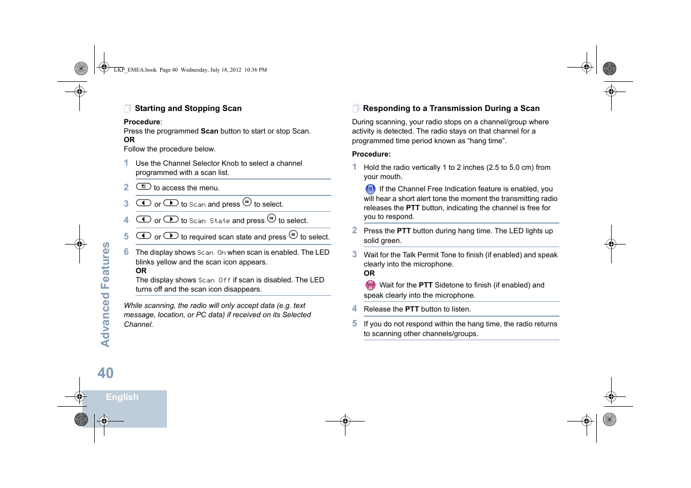 Starting and stopping scan, Responding to a transmission during a scan, Advanced features | Motorola DP 2600 User Manual | Page 50 / 900