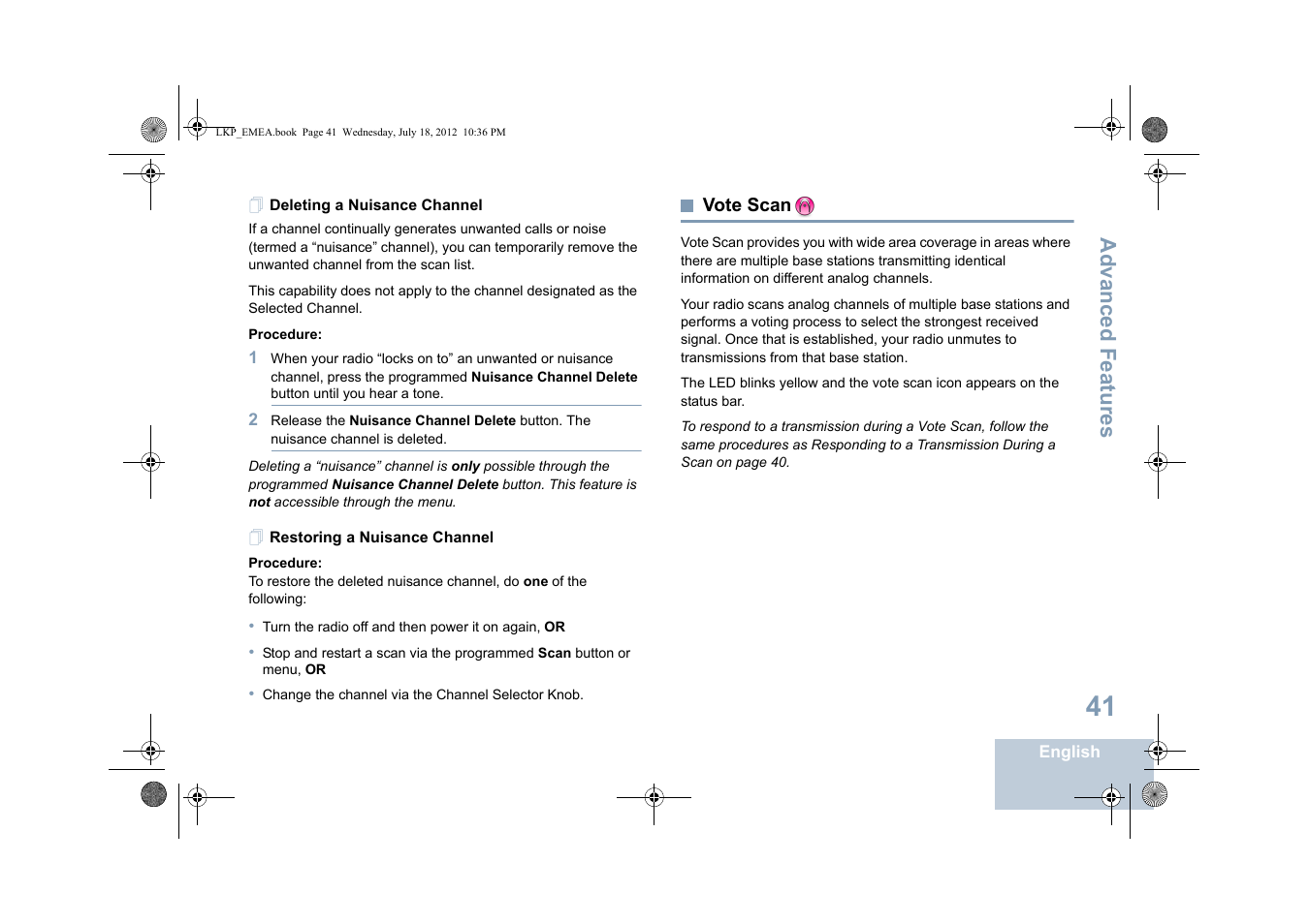 Deleting a nuisance channel, Restoring a nuisance channel, Vote scan | Advanced features | Motorola DP 2600 User Manual | Page 51 / 900