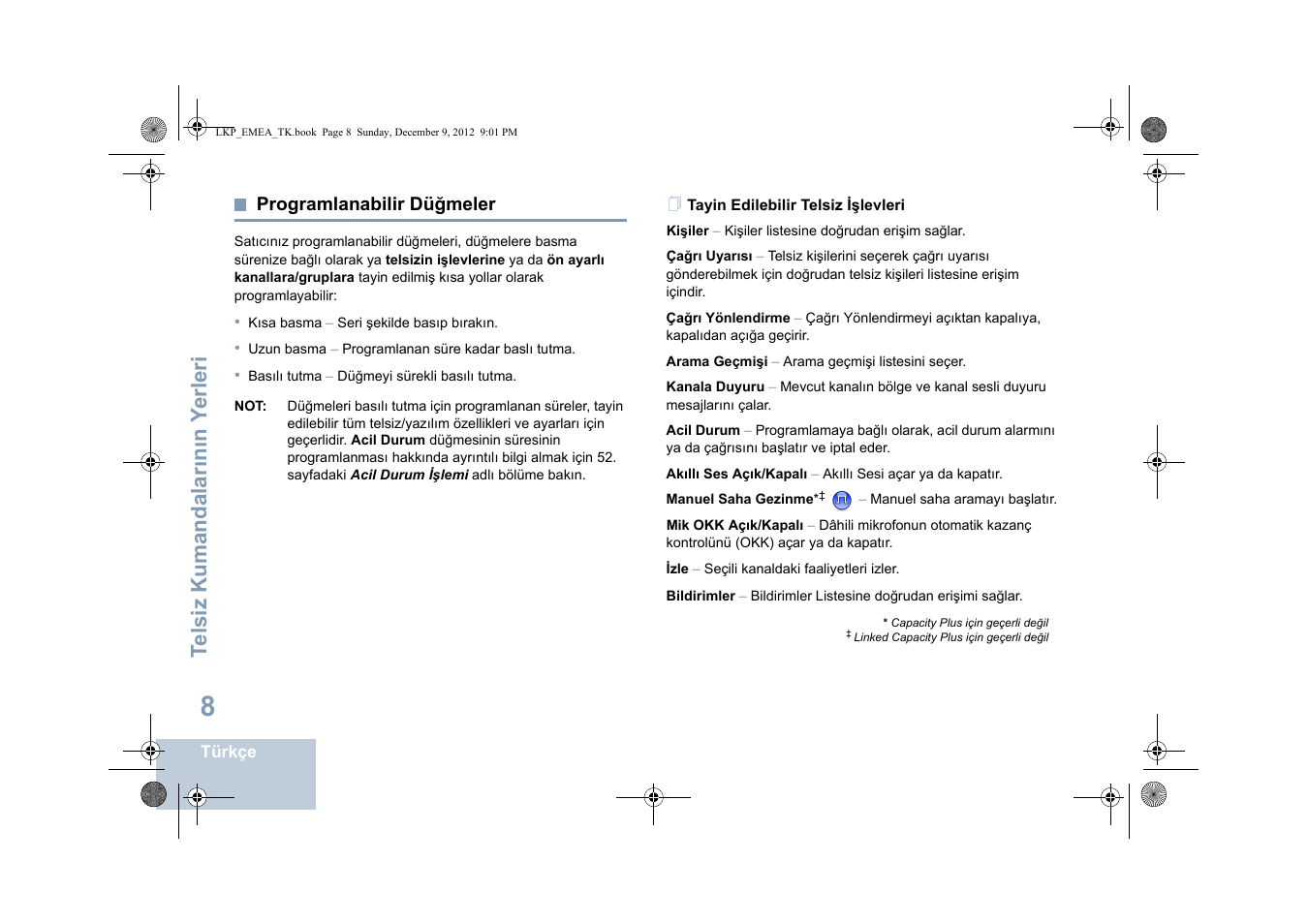 Programlanabilir düğmeler, Tayin edilebilir telsiz işlevleri, Sayfa | Te lsiz kumandalar ın ın y erleri | Motorola DP 2600 User Manual | Page 516 / 900