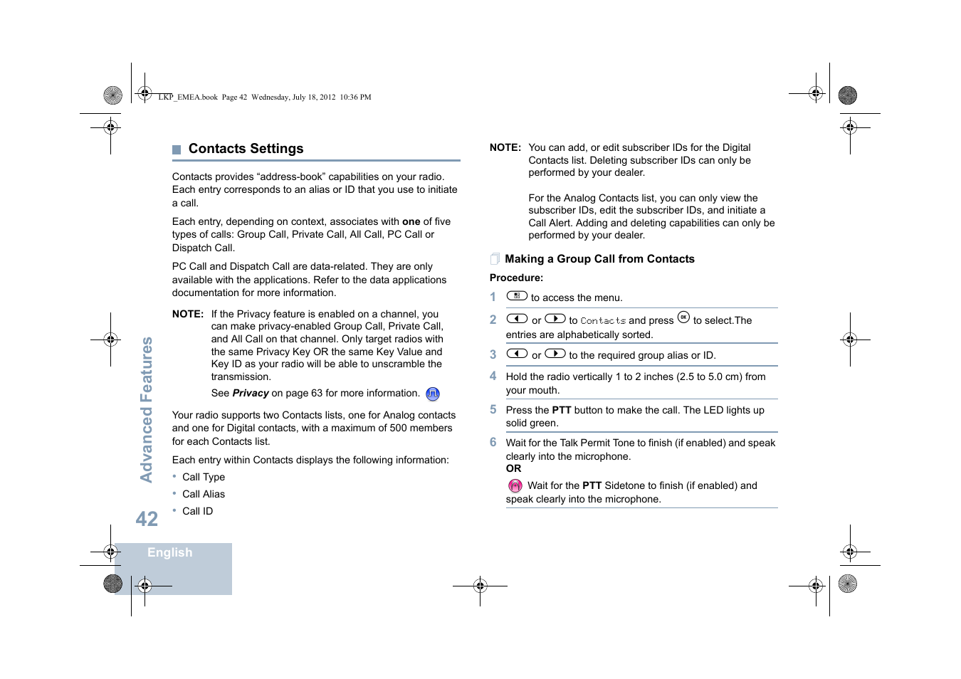 Contacts settings, Making a group call from contacts, Advanced features | Motorola DP 2600 User Manual | Page 52 / 900