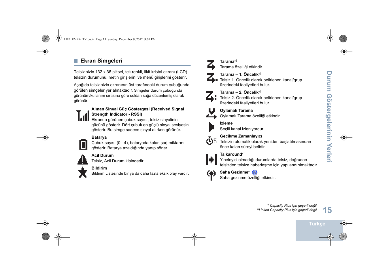 Ekran simgeleri, Sayfa, Durum göstergelerinin y erleri | Motorola DP 2600 User Manual | Page 523 / 900