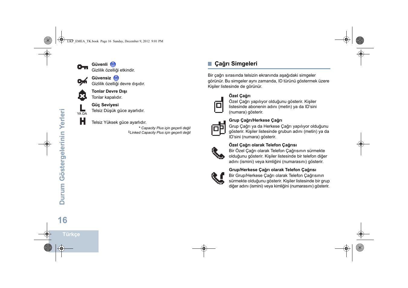 Çağrı simgeleri, Sayfa, Durum göstergelerinin y erleri | Motorola DP 2600 User Manual | Page 524 / 900