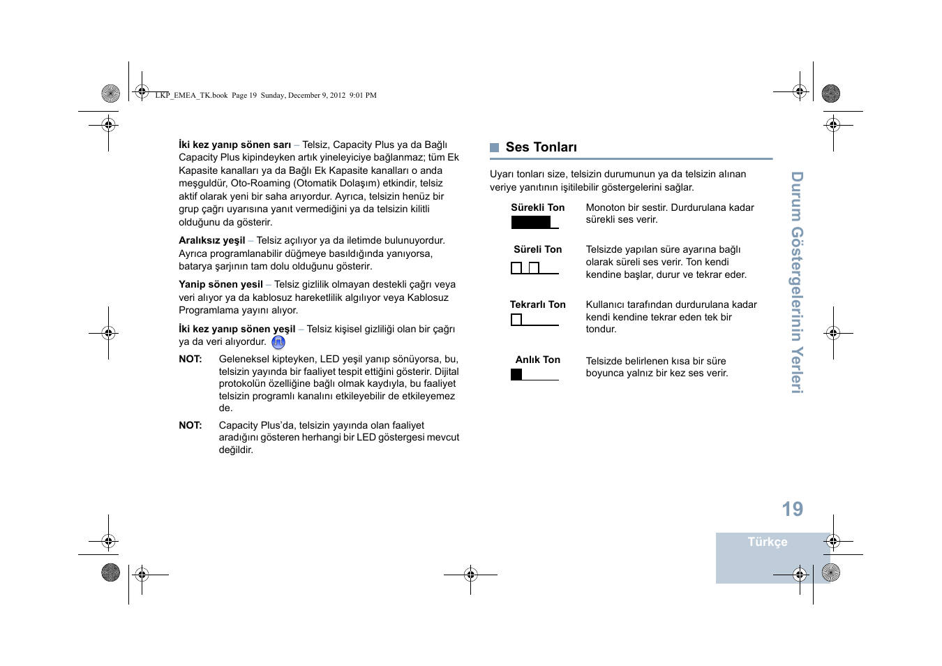 Ses tonları, Sayfa, Durum göstergelerinin y erleri | Motorola DP 2600 User Manual | Page 527 / 900