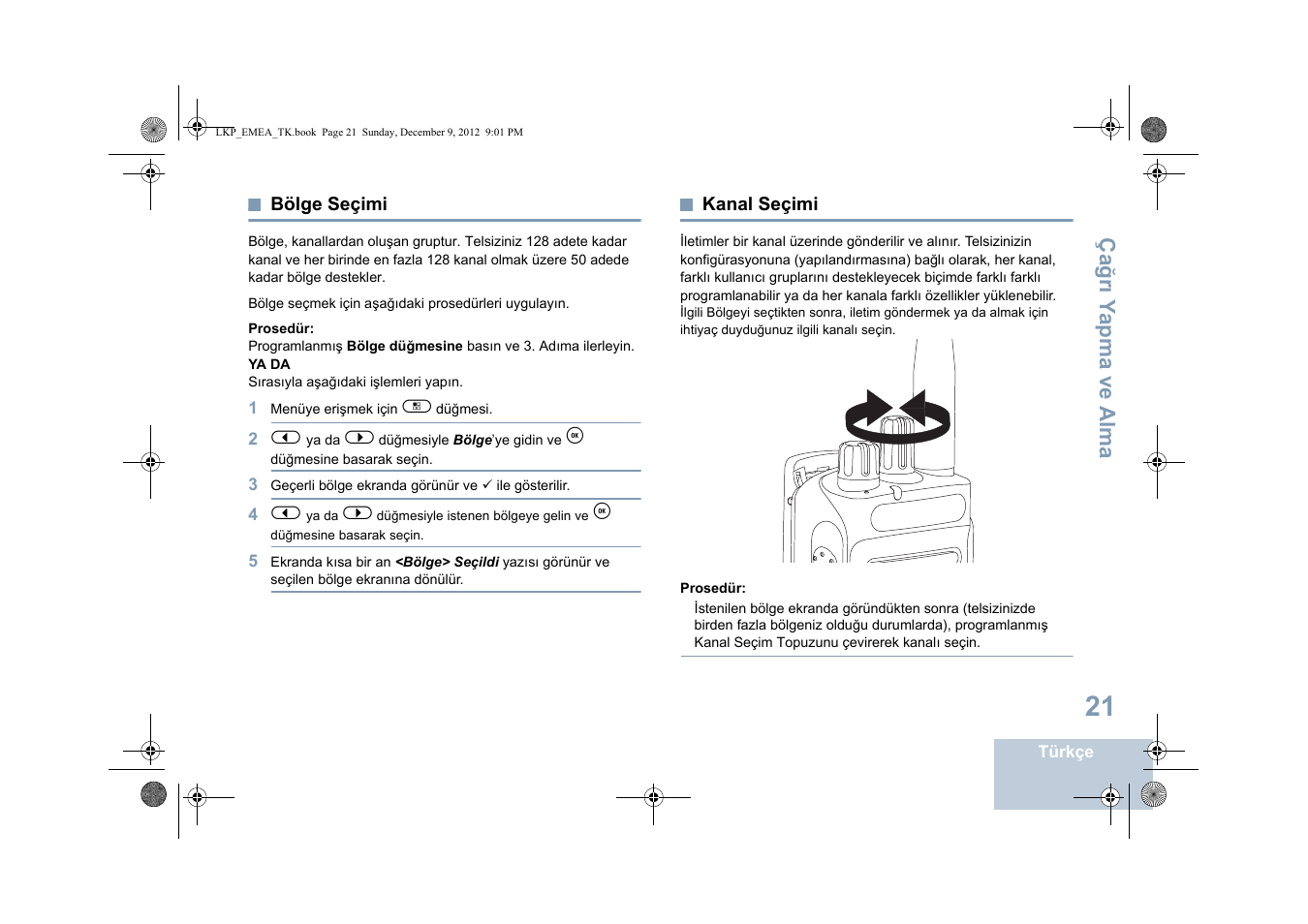 Bölge seçimi, Kanal seçimi, Bölge seçimi kanal seçimi | Sayfa kanal seçimi, Sayfa | Motorola DP 2600 User Manual | Page 529 / 900