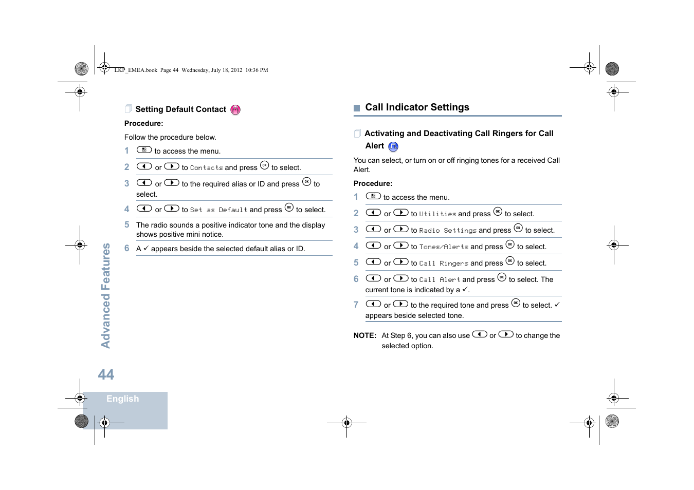 Setting default contact, Call indicator settings | Motorola DP 2600 User Manual | Page 54 / 900