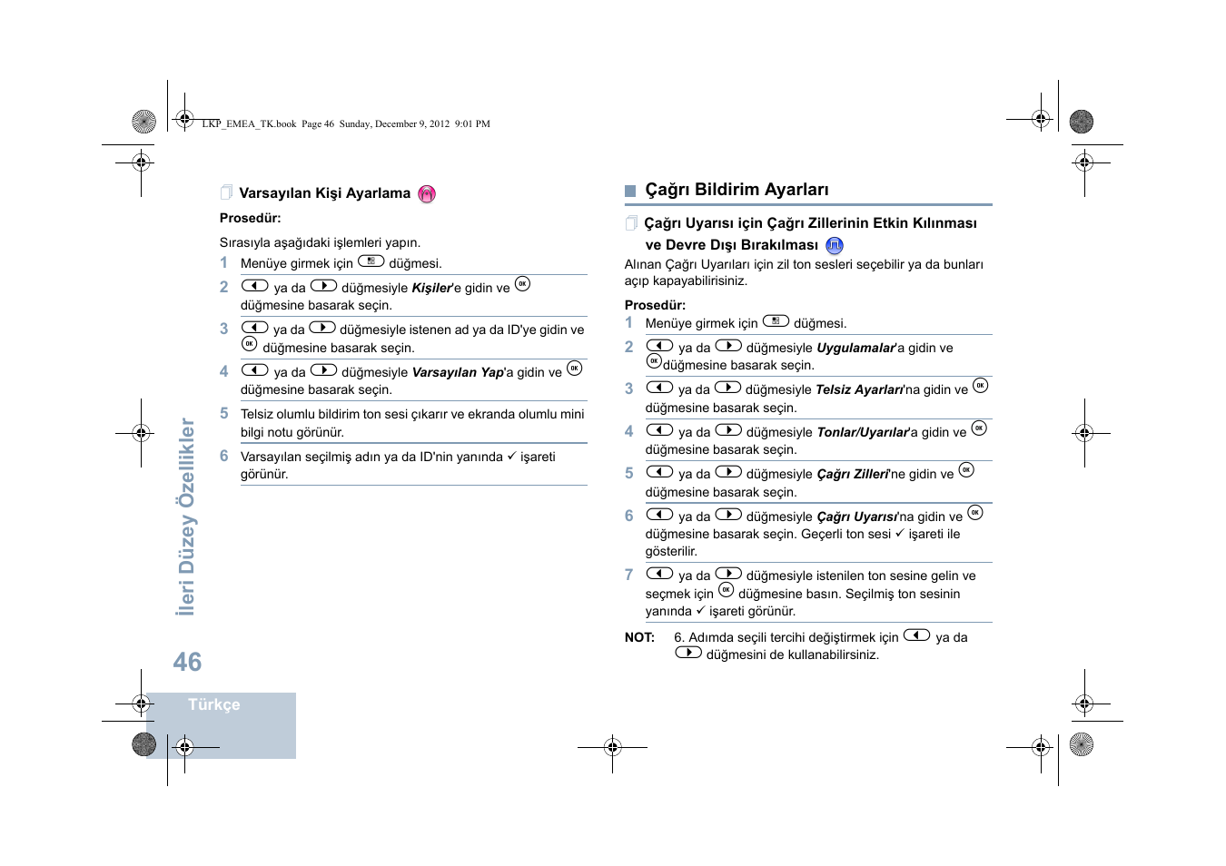 Varsayılan kişi ayarlama, Çağrı bildirim ayarları, Sayfa | Motorola DP 2600 User Manual | Page 554 / 900