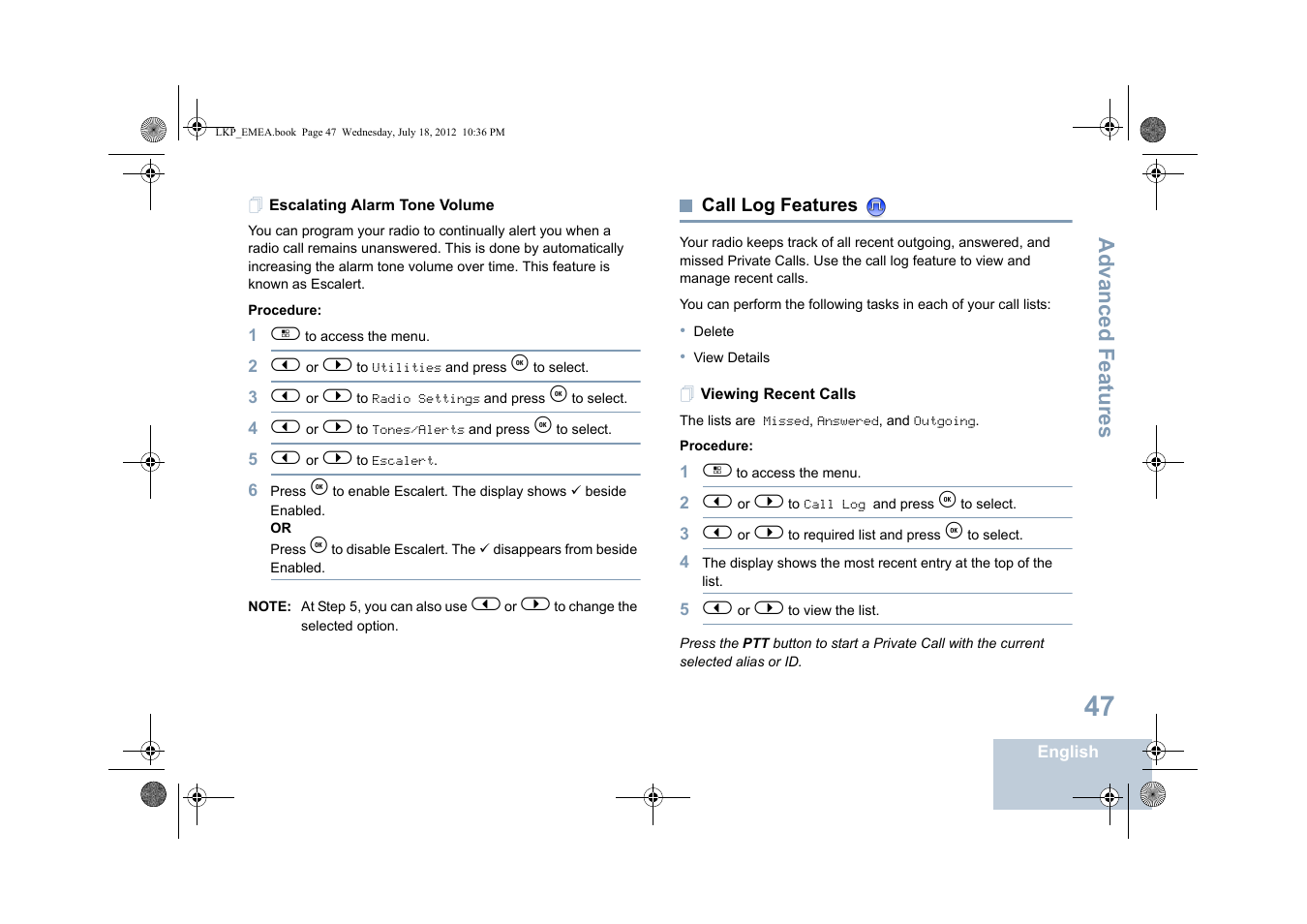 Escalating alarm tone volume, Call log features, Viewing recent calls | Motorola DP 2600 User Manual | Page 57 / 900