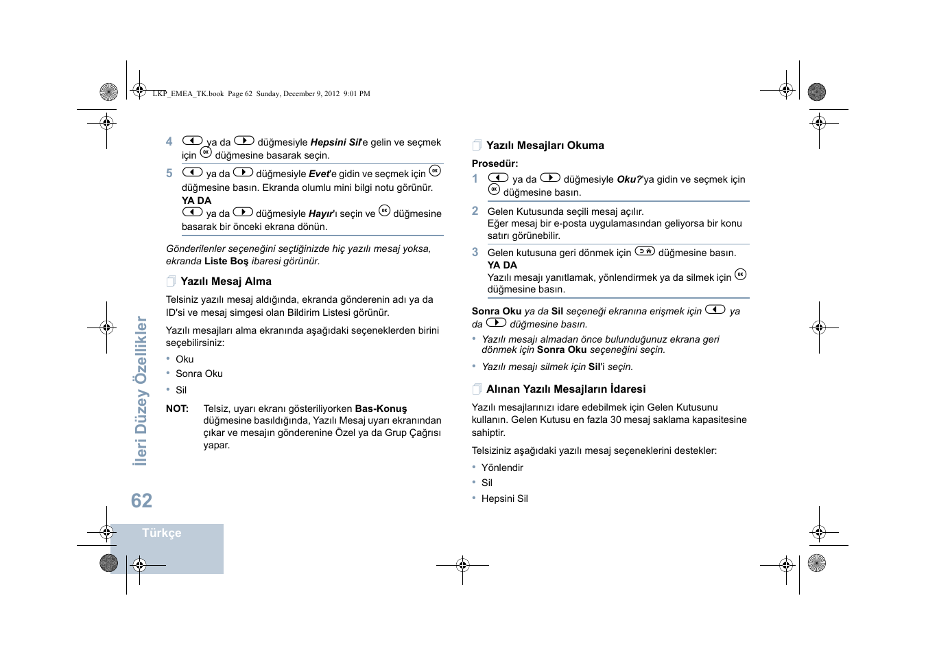 Yazılı mesaj alma, Yazılı mesajları okuma, Alınan yazılı mesajların idaresi | Ileri düzey özellikler | Motorola DP 2600 User Manual | Page 570 / 900