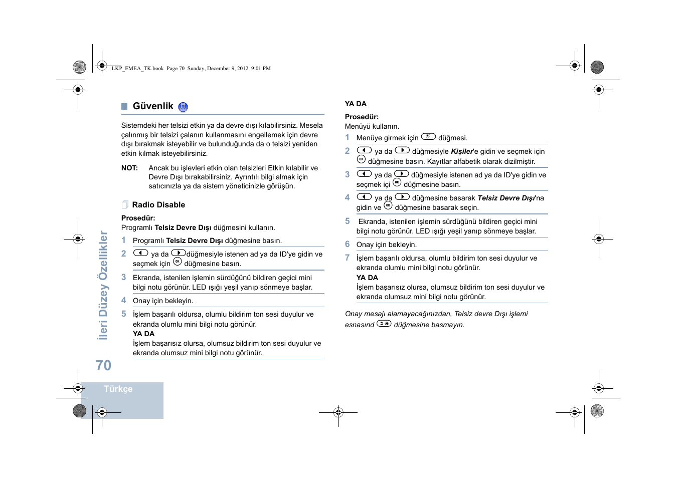 Güvenlik, Radio disable, Sayfa | Ileri düzey özellikler | Motorola DP 2600 User Manual | Page 578 / 900