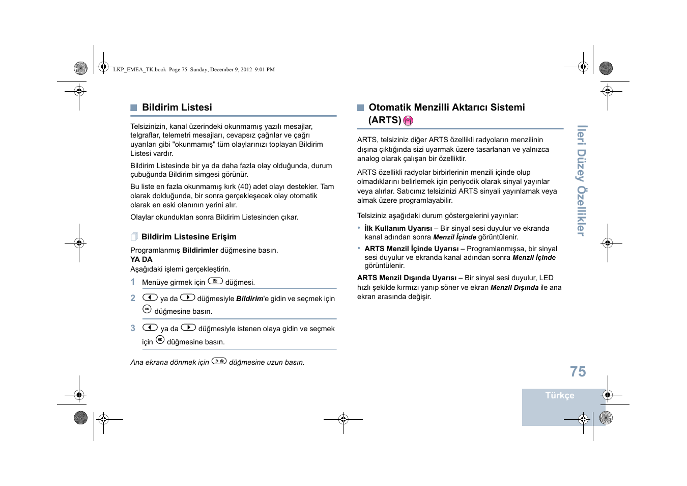 Bildirim listesi, Bildirim listesine erişim, Otomatik menzilli aktarıcı sistemi (arts) | Sayfa, Ileri düzey özellikler | Motorola DP 2600 User Manual | Page 583 / 900